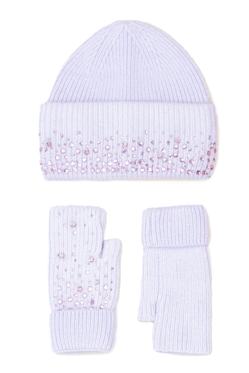 CAPPELLO + GUANTO MAGLIA CON STRASS, 35%ANGORA 65 %VI, MADE IN PRC   - LILAC